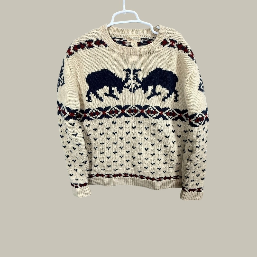 Vintage American Eagle Lambswool Sweater Mens XL Cream Fair Isle Ram Knit